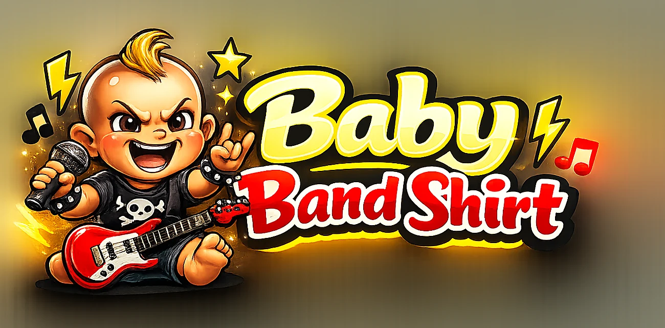 Baby Band Shirt mascot: a happy, intense baby metalhead holding a microphone and guitar